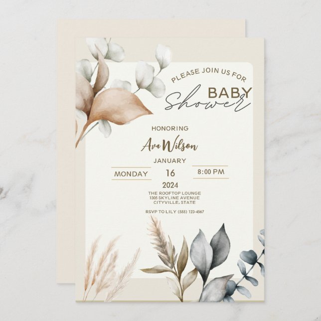 Rustic Pampas Grass Boho botanical eucalyptus baby Invitation (Front/Back)