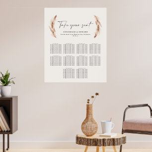 Rustic pampas grass botanical wedding seating plan poster