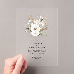 Rustic Pampas Grass White Floral Bohemian Wedding Acrylic Invitations