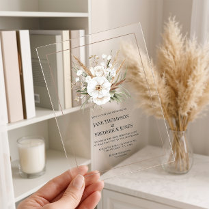 Rustic Pampas Grass White Floral Bohemian Wedding Acrylic Invitations