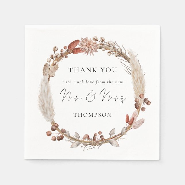 Rustic Pampas Grass Wreath New Mr Mrs Thank You Napkin (Front)