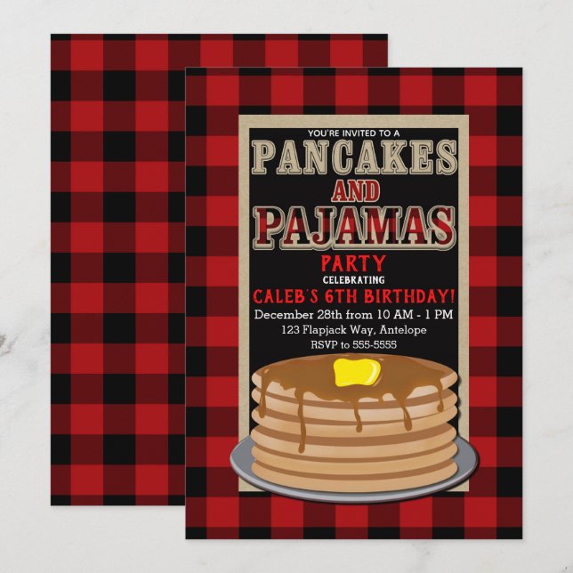 Rustic Pancakes & Pyjamas Red Black Buffalo Plaid Invitation (Front/Back)
