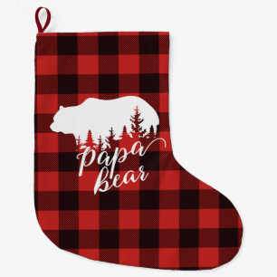 Rustic Papa Bear Red & Black Buffalo Plaid Large Christmas Stocking