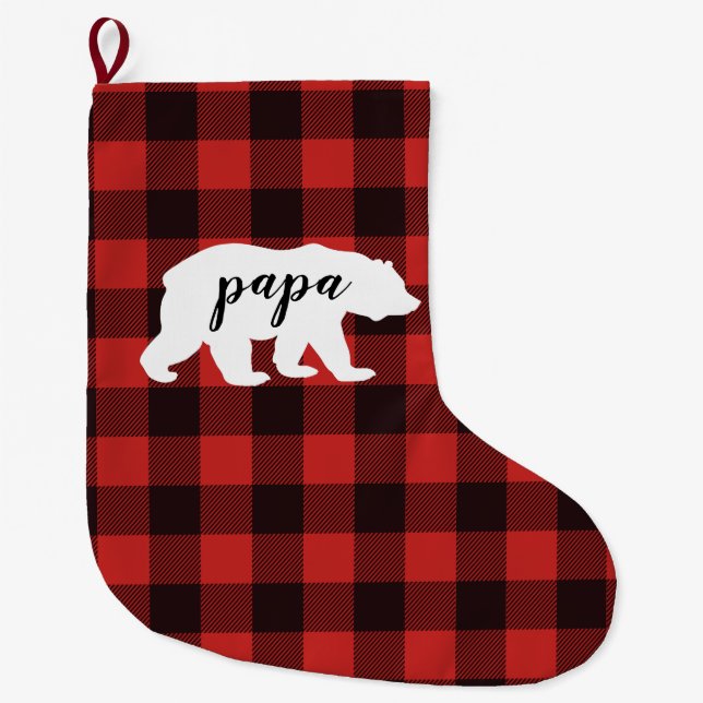 Rustic Papa Bear Red & Black Buffalo Plaid Large Christmas Stocking (Front)