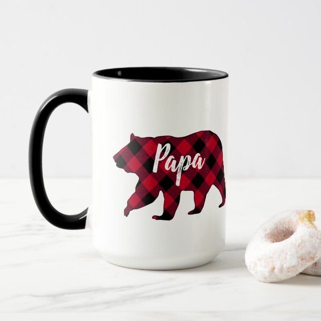 Rustic Papa Bear Red Buffalo Plaid Mug (With Donut)