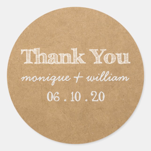 Rustic Paper and Chalk Wedding Thank You Classic Round Sticker (Front)