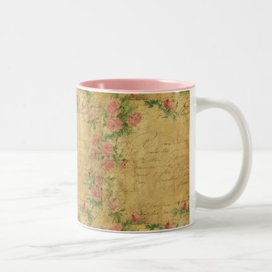 rustic,Parchement,worn,floral,letters,vintage,vict Two-Tone Coffee Mug