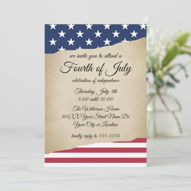 Rustic Parchment and American Flag Fourth of July  Invitation (Standing Front)