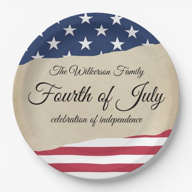 Rustic Parchment and American Flag Fourth of July  Paper Plate (Front)
