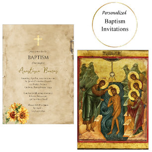 Rustic Parchment Sunflowers Orthodox Baptism       Invitation