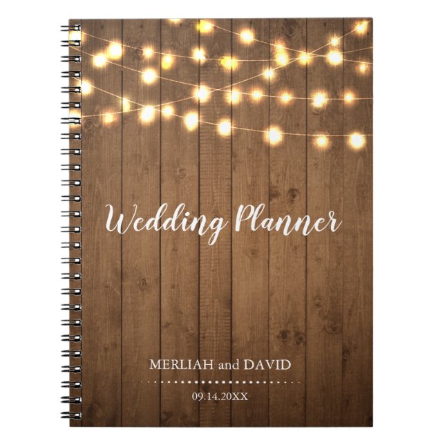 Rustic Party Lights Faux Wood Plank Wedding Notebook (Front)