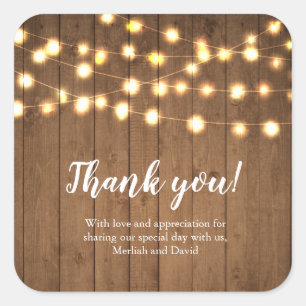 Rustic Party Lights Faux Wood Thank You Square Sticker