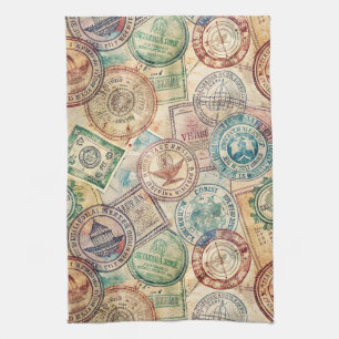 Rustic Passport Stamp Travel Pattern (1) Kitchen Towel