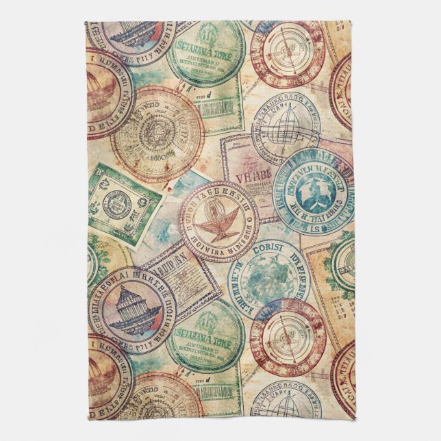 Rustic Passport Stamp Travel Pattern (1) Kitchen Towel (Vertical)