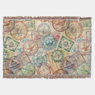Rustic Passport Stamp Travel Pattern (1) Throw Blanket