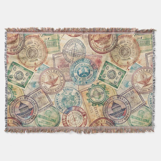Rustic Passport Stamp Travel Pattern (1) Throw Blanket (Front)