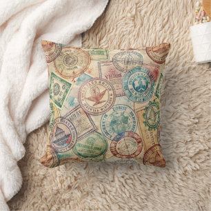 Rustic Passport Stamp Travel Pattern (1) Throw Pillow