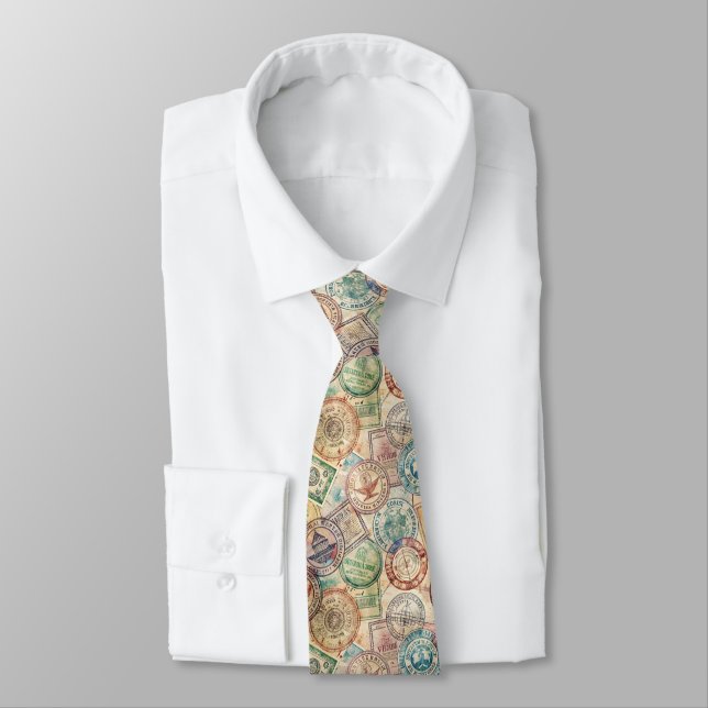 Rustic Passport Stamp Travel Pattern (1) Tie (Tied)