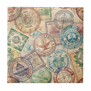Rustic Passport Stamp Travel Pattern (1) Tile