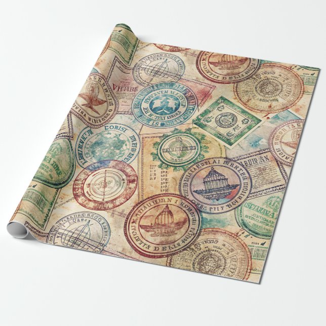 Rustic Passport Stamp Travel Pattern (1) Wrapping Paper (Unrolled)
