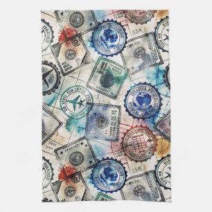 Rustic Passport Stamp Travel Pattern (2) Kitchen Towel
