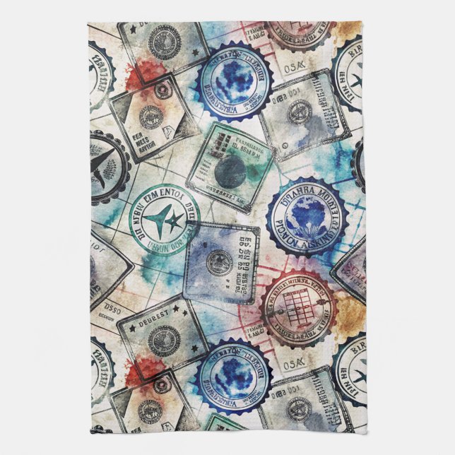 Rustic Passport Stamp Travel Pattern (2) Kitchen Towel (Vertical)