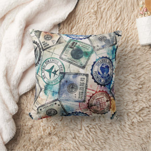 Rustic Passport Stamp Travel Pattern (2) Throw Pillow