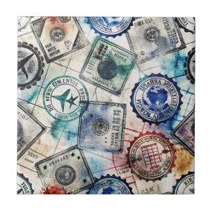 Rustic Passport Stamp Travel Pattern (2) Tile