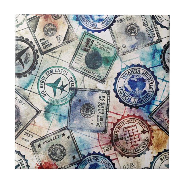 Rustic Passport Stamp Travel Pattern (2) Tile (Front)