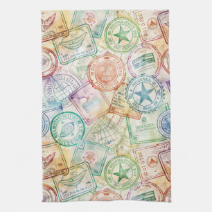 Rustic Passport Stamp Travel Pattern (3) Kitchen Towel