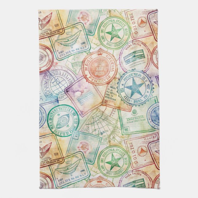 Rustic Passport Stamp Travel Pattern (3) Kitchen Towel (Vertical)