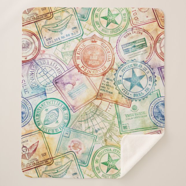 Rustic Passport Stamp Travel Pattern (3) Sherpa Blanket (Front)