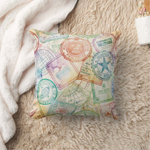 Rustic Passport Stamp Travel Pattern (3) Throw Pillow