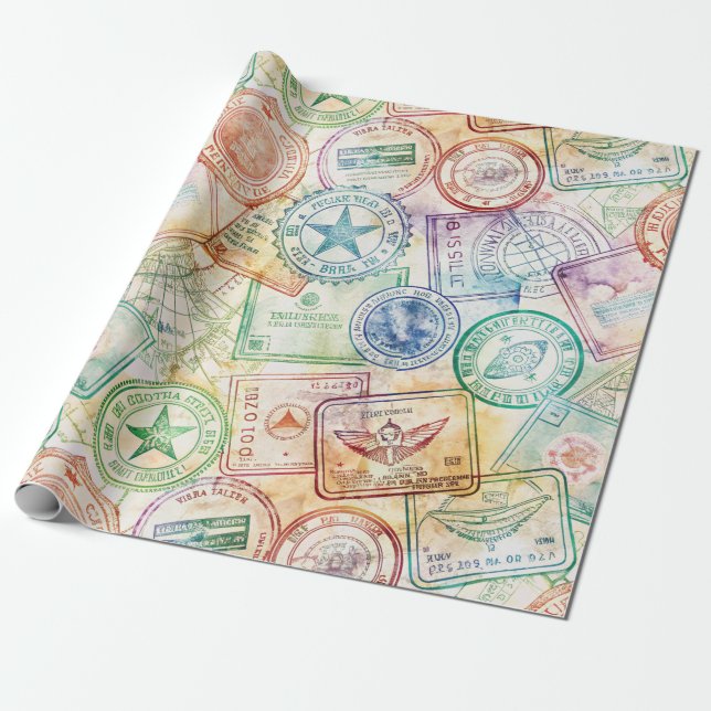 Rustic Passport Stamp Travel Pattern (3) Wrapping Paper (Unrolled)