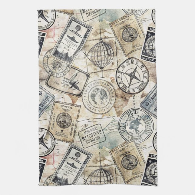 Rustic Passport Stamp Travel Pattern (4) Kitchen Towel (Vertical)