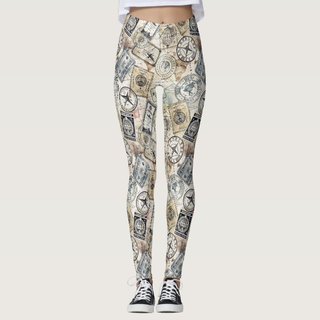 Rustic Passport Stamp Travel Pattern (4) Leggings (Front)