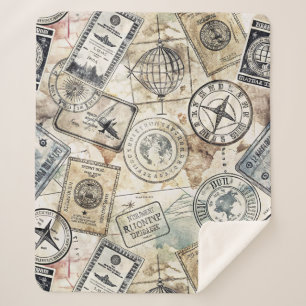 Rustic Passport Stamp Travel Pattern (4) Sherpa Blanket