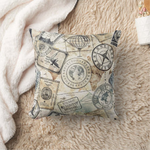 Rustic Passport Stamp Travel Pattern (4) Throw Pillow