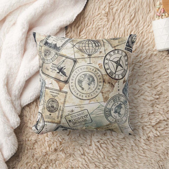 Rustic Passport Stamp Travel Pattern (4) Throw Pillow (Blanket)