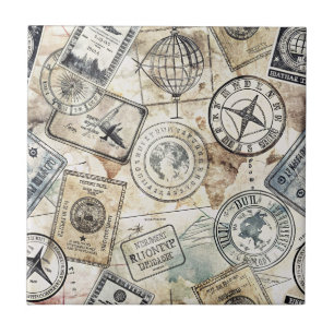 Rustic Passport Stamp Travel Pattern (4) Tile