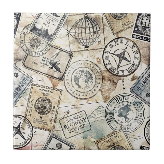 Rustic Passport Stamp Travel Pattern (4) Tile (Front)