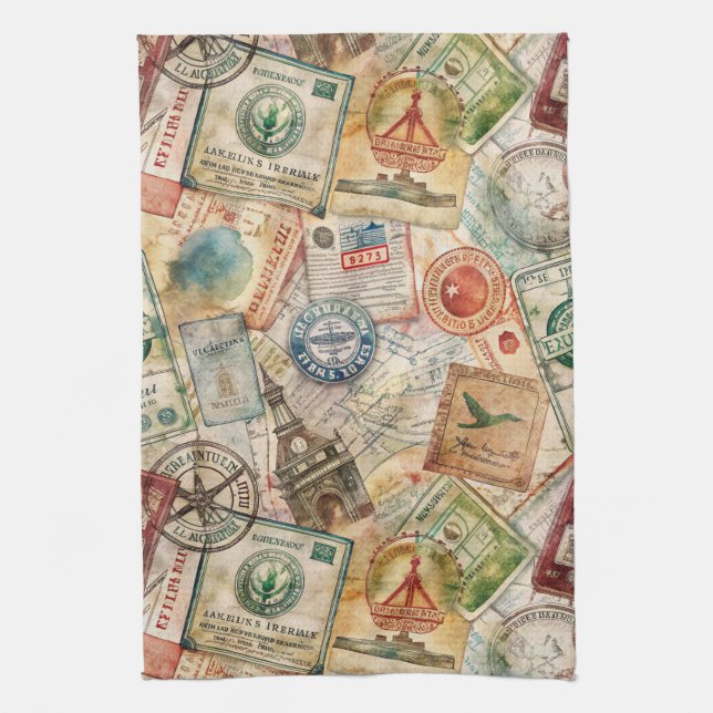 Rustic Passport Stamp Travel Pattern (5) Kitchen Towel (Vertical)