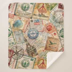 Rustic Passport Stamp Travel Pattern (5) Sherpa Blanket