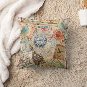 Rustic Passport Stamp Travel Pattern (5) Throw Pillow