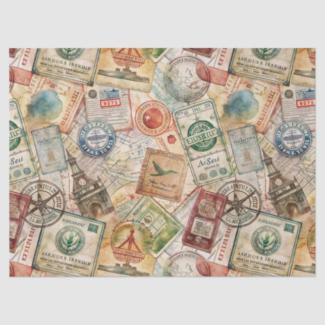 Rustic Passport Stamp Travel Pattern (5) Tissue Paper (Front)