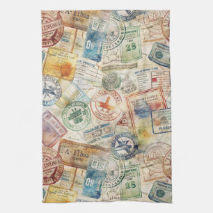 Rustic Passport Stamp Travel Pattern (6) Kitchen Towel