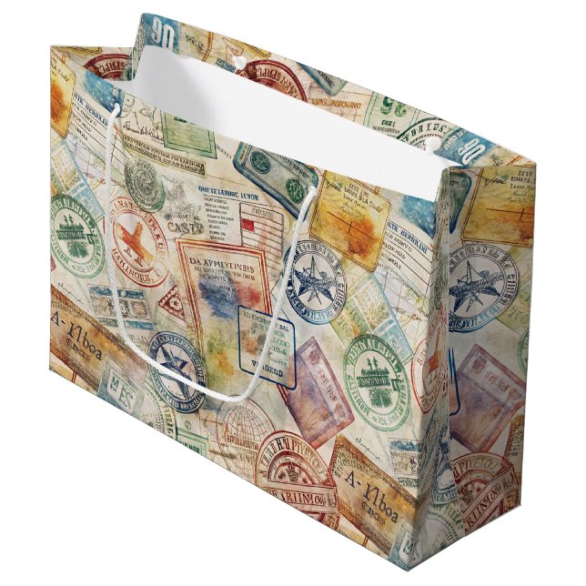 Rustic Passport Stamp Travel Pattern (6) Large Gift Bag (Front Angled)
