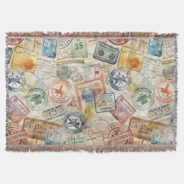 Rustic Passport Stamp Travel Pattern (6) Throw Blanket (Front)