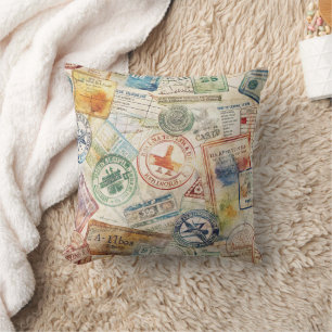 Rustic Passport Stamp Travel Pattern (6) Throw Pillow