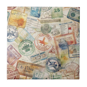 Rustic Passport Stamp Travel Pattern (6) Tile